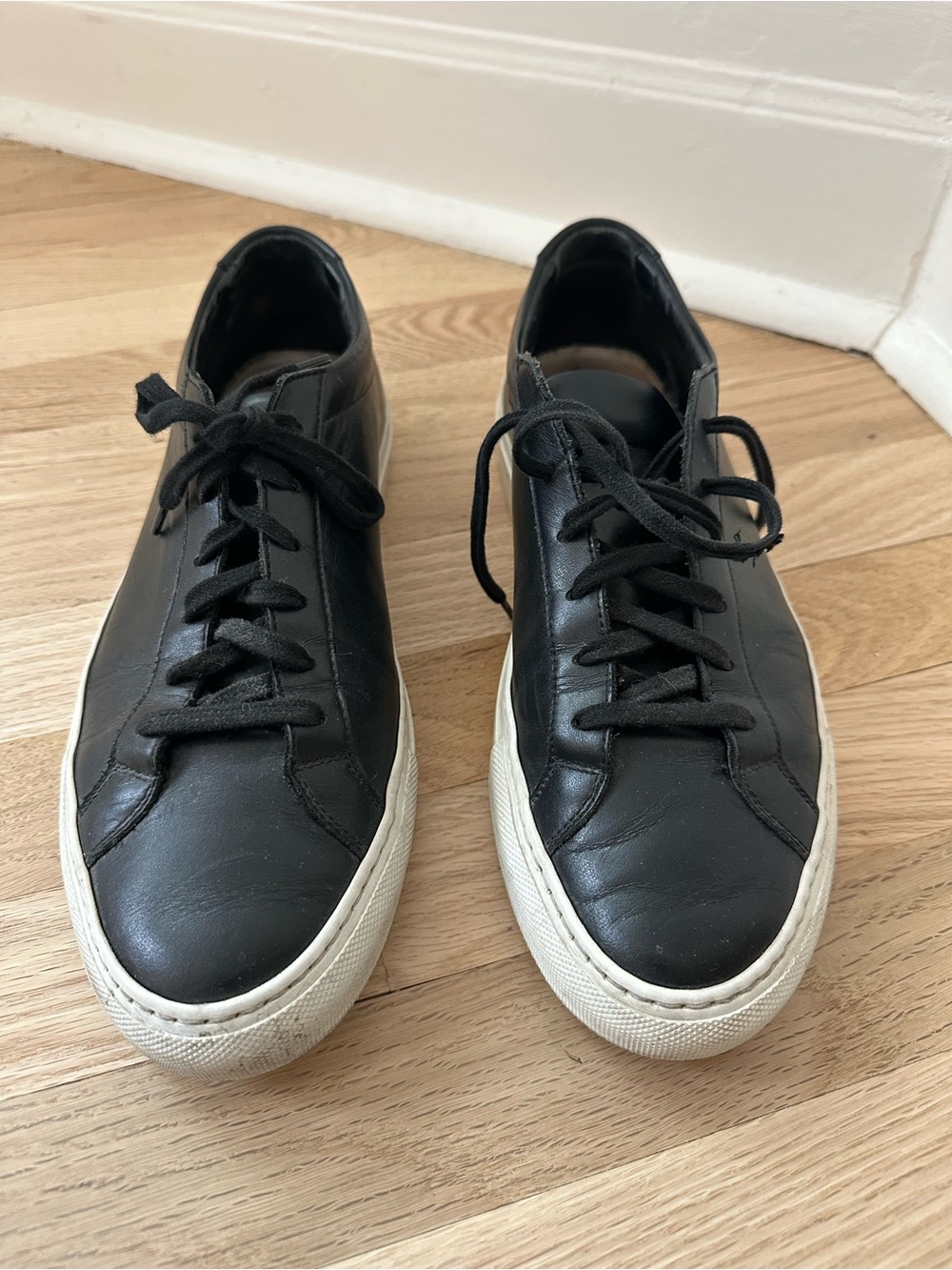 Men's Black Leather Low-Top Sneakers with White Sole